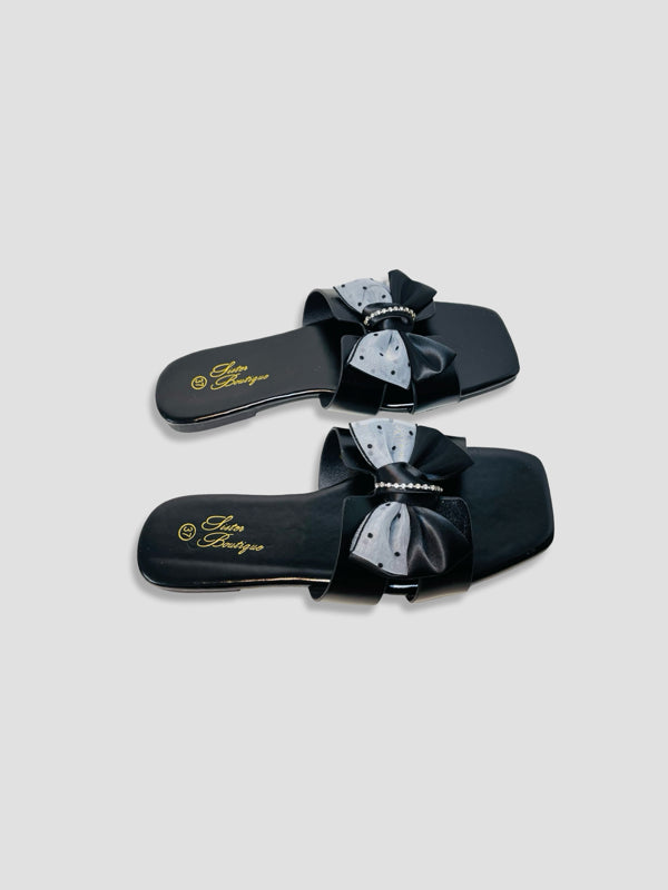 Flat Slide Sandals With Polka Dot Bow
