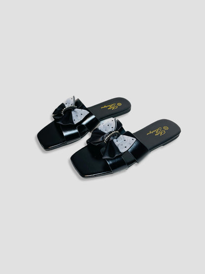 Flat Slide Sandals With Polka Dot Bow