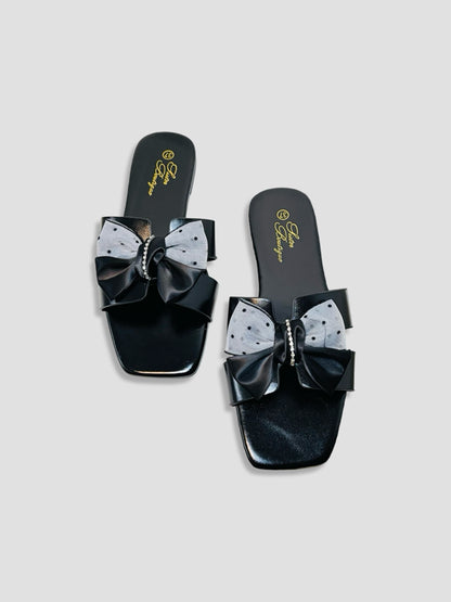Flat Slide Sandals With Polka Dot Bow