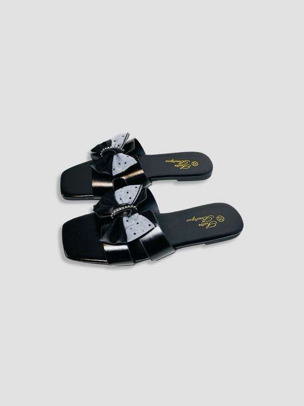 Flat Slide Sandals With Polka Dot Bow