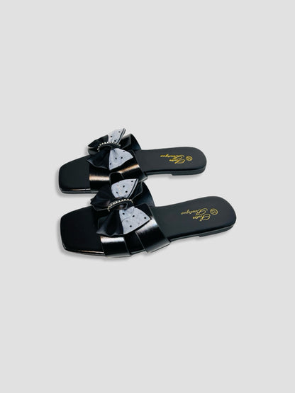 Flat Slide Sandals With Polka Dot Bow