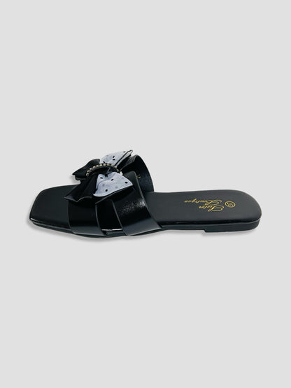 Flat Slide Sandals With Polka Dot Bow
