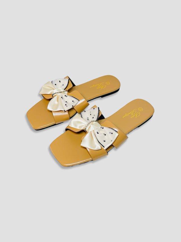 Flat Slide Sandals With Polka Dot Bow