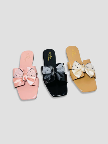 Flat Slide Sandals With Polka Dot Bow