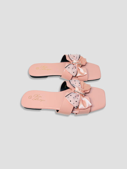 Flat Slide Sandals With Polka Dot Bow