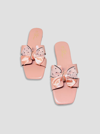 Flat Slide Sandals With Polka Dot Bow
