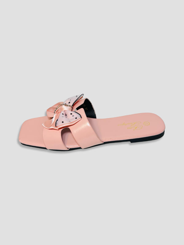 Flat Slide Sandals With Polka Dot Bow