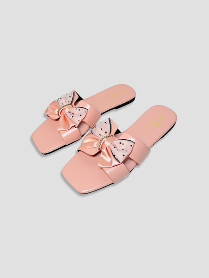 Flat Slide Sandals With Polka Dot Bow