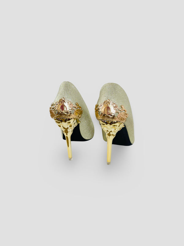 Gold Embellished Stiletto Heels-Suede and Glitter High Heels