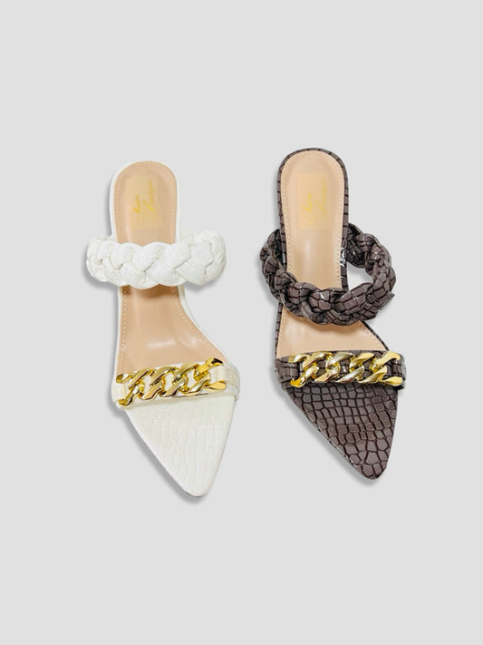 Braided Chain Croc-Embossed Mule Heels