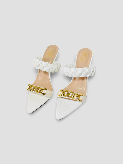 Braided Chain Croc-Embossed Mule Heels