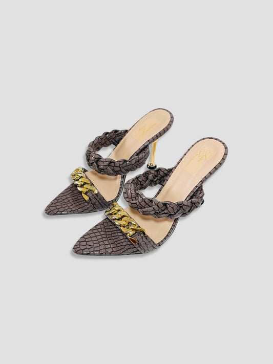 Braided Chain Croc-Embossed Mule Heels