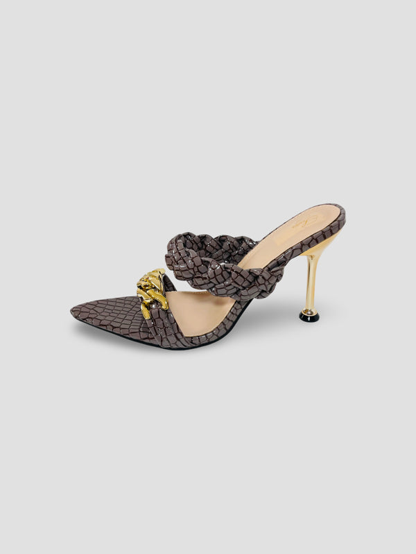 Braided Chain Croc-Embossed Mule Heels
