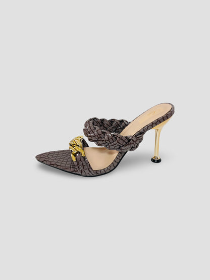 Braided Chain Croc-Embossed Mule Heels