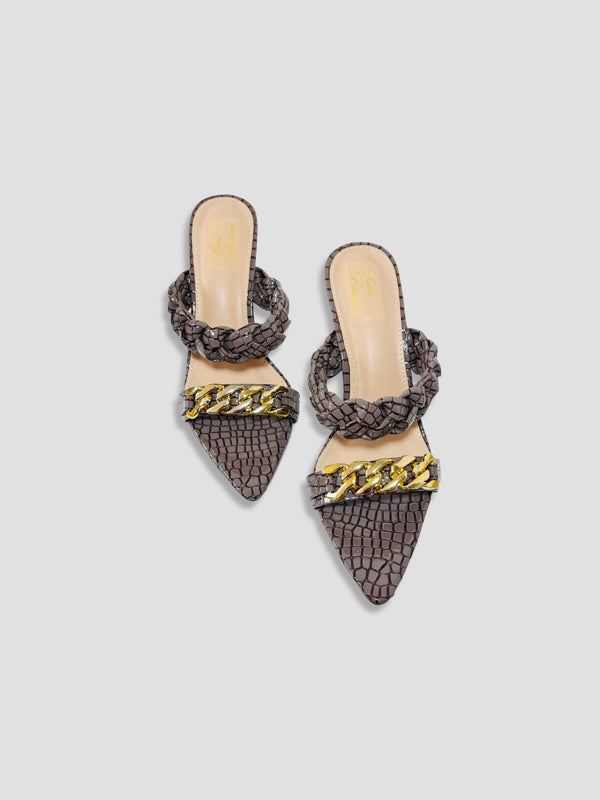 Braided Chain Croc-Embossed Mule Heels