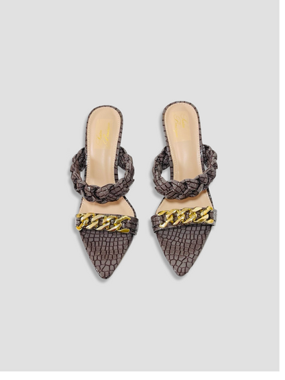 Braided Chain Croc-Embossed Mule Heels