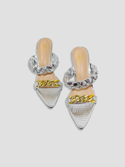 Braided Chain Croc-Embossed Mule Heels