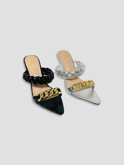 Braided Chain Croc-Embossed Mule Heels