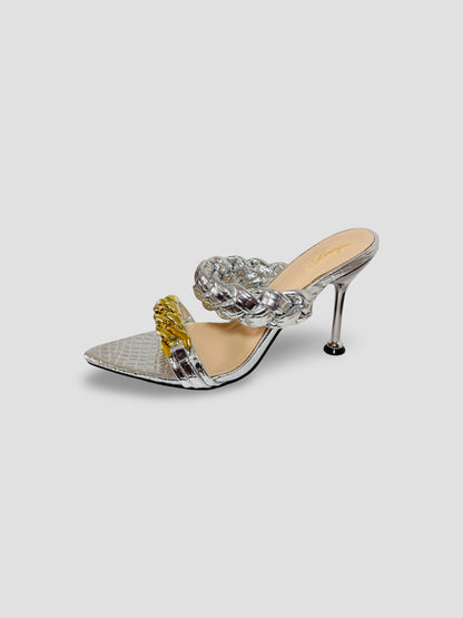 Braided Chain Croc-Embossed Mule Heels