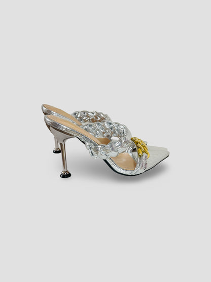 Braided Chain Croc-Embossed Mule Heels