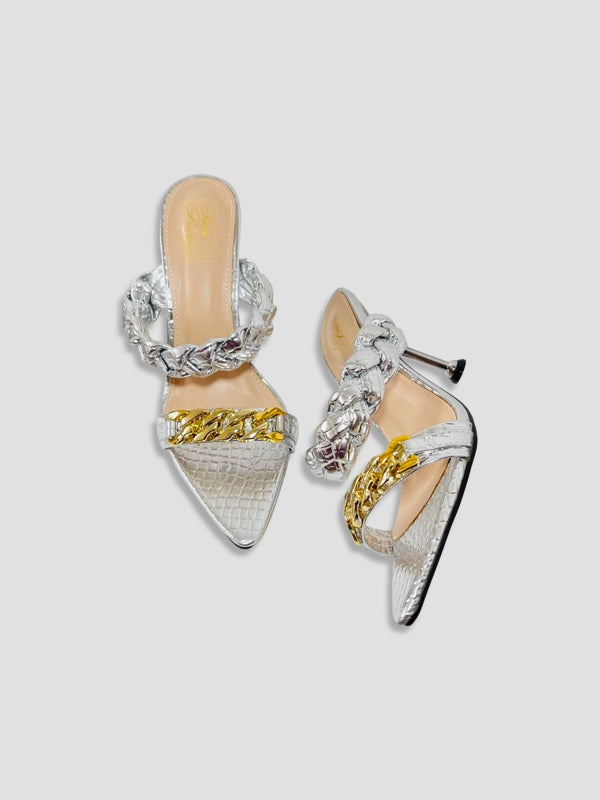 Braided Chain Croc-Embossed Mule Heels