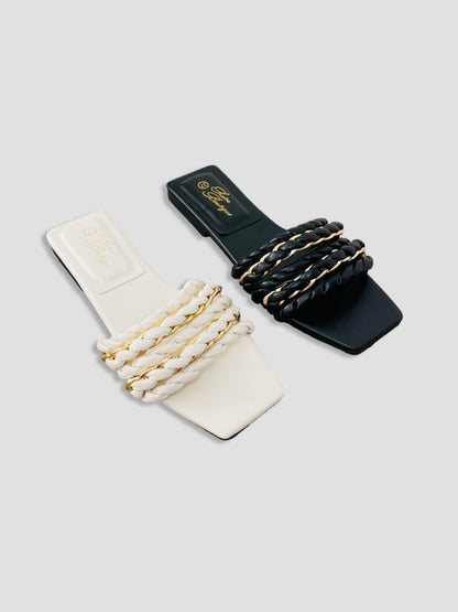 Braided Chain-Accented Slide Sandals