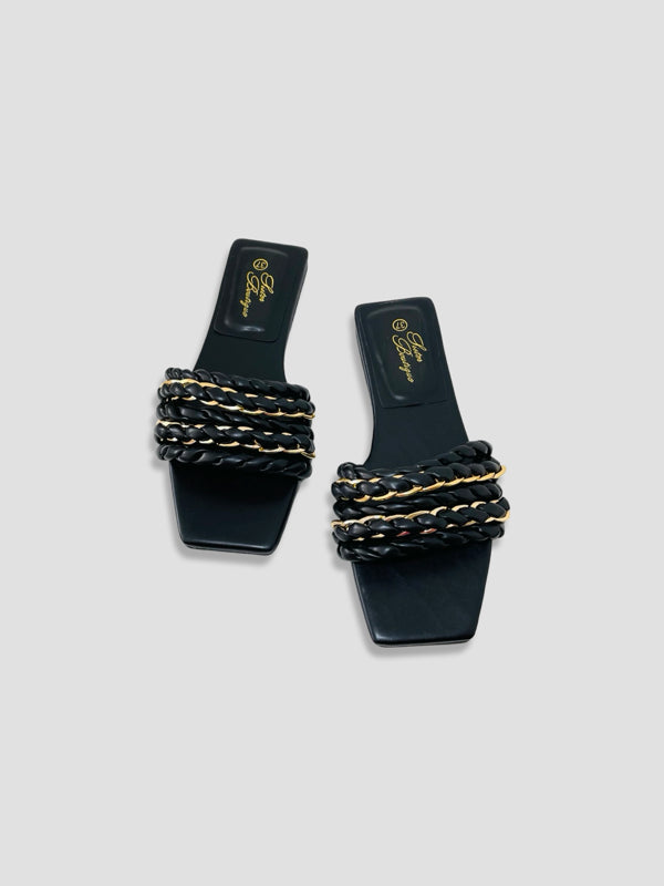 Braided Chain-Accented Slide Sandals