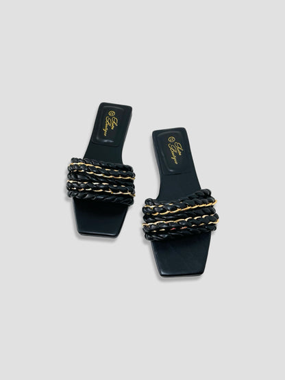 Braided Chain-Accented Slide Sandals