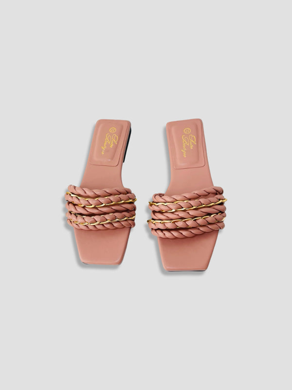 Braided Chain-Accented Slide Sandals