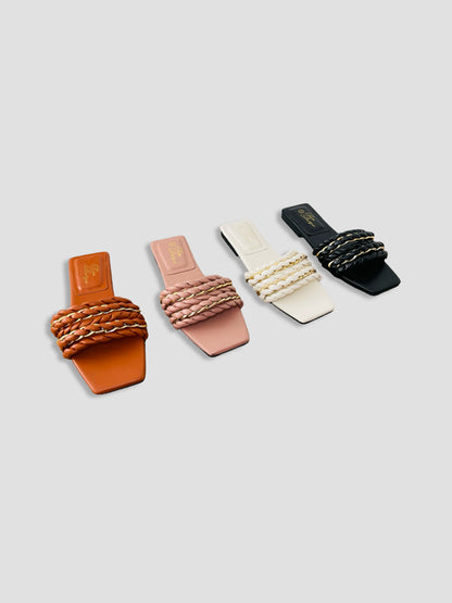 Braided Chain-Accented Slide Sandals