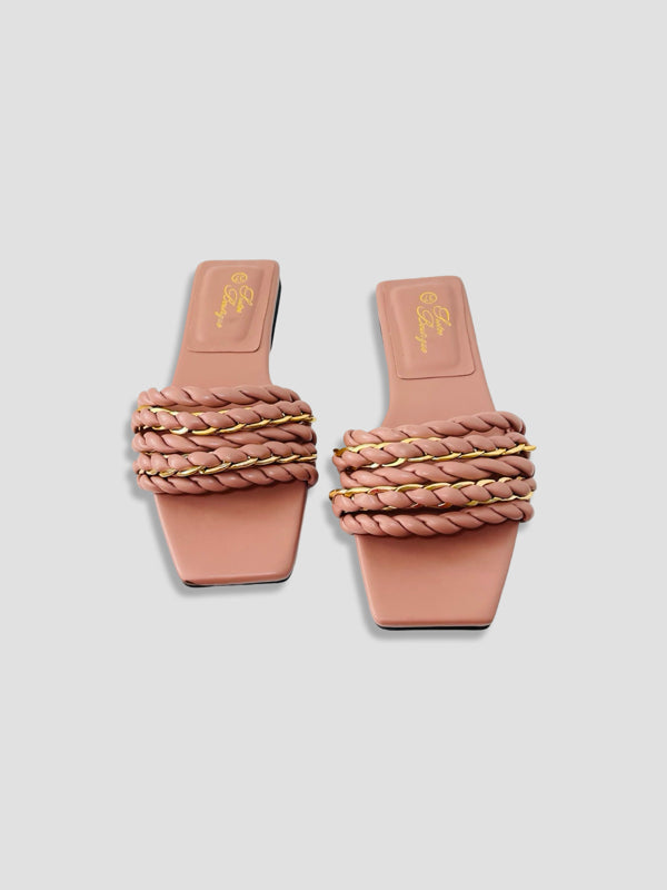 Braided Chain-Accented Slide Sandals
