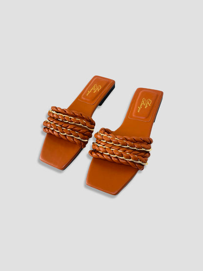 Braided Chain-Accented Slide Sandals