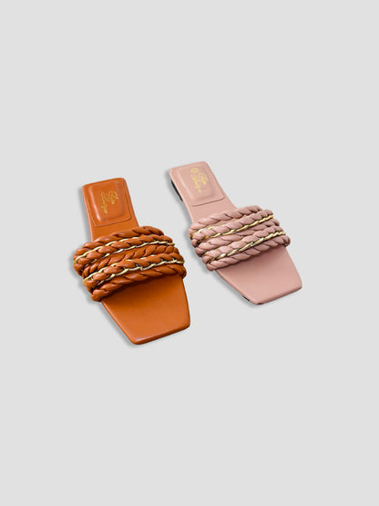 Braided Chain-Accented Slide Sandals