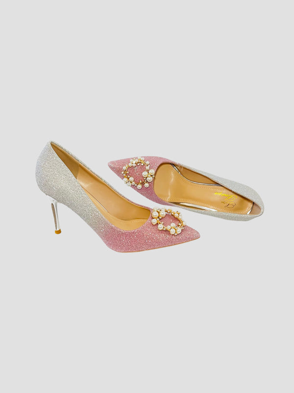 Pink and Silver Glitter Pearl Embellished Stiletto Heels