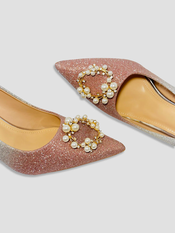 Golden and Silver Glitter Pearl Embellished Stiletto Heels