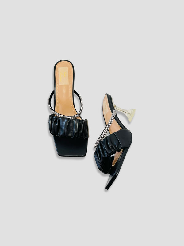Ruched Mules with Crystal-Embellished Straps