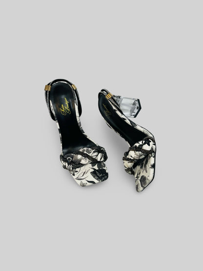 Floral Transparent Clear Block Heels Sandals