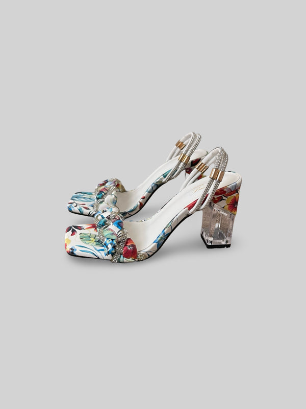 Floral Transparent Clear Block Heels Sandals