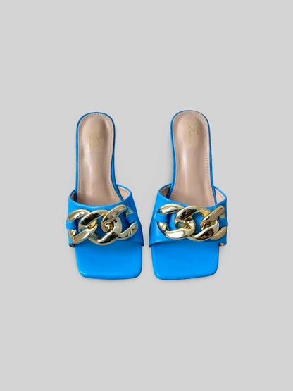 Women Chain-Embellished Leather Slide in Blue