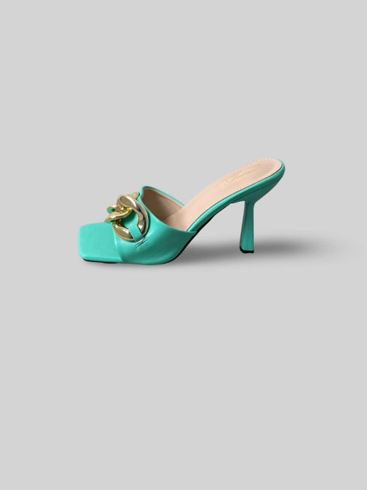 Women Chain-Embellished Leather Slide in Green
