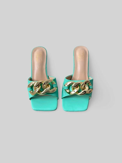 Women Chain-Embellished Leather Slide in Green