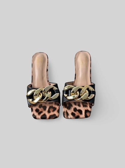 Women Chain-Embellished Leather Slide in Leopard Print
