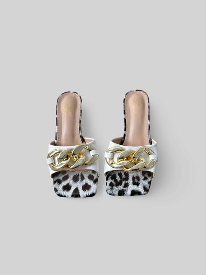 Women Chain-Embellished Leather Slide in Leopard Print