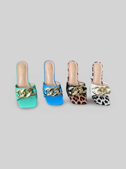Women Chain-Embellished Leather Slide in Leopard Print