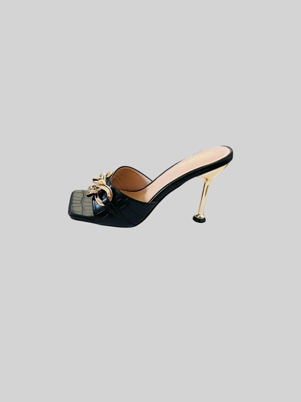 Square Open-Toe Croc Leather Sandale