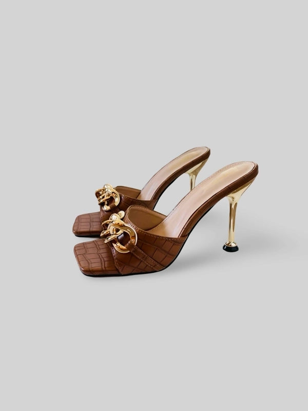 Square Open-Toe Croc Leather Sandale