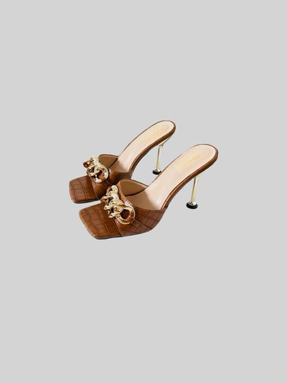 Square Open-Toe Croc Leather Sandale
