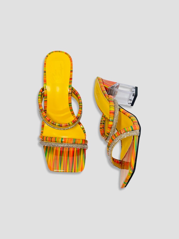 Rainbow Strappy Clear Block Heels With Crystal