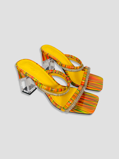 Rainbow Strappy Clear Block Heels With Crystal