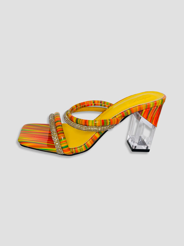 Rainbow Strappy Clear Block Heels With Crystal